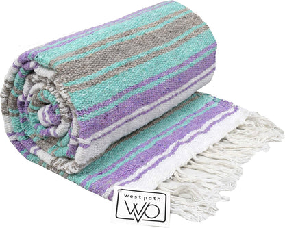 Open Road Goods Multi Color Mexican Falsa Blanket - Handwoven in Mexico - Great for The Beach, Picnics, Yoga, or a Throw! (Mint/Purple)