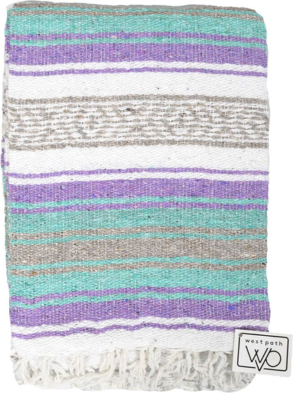 Open Road Goods Multi Color Mexican Falsa Blanket - Handwoven in Mexico - Great for The Beach, Picnics, Yoga, or a Throw! (Mint/Purple)