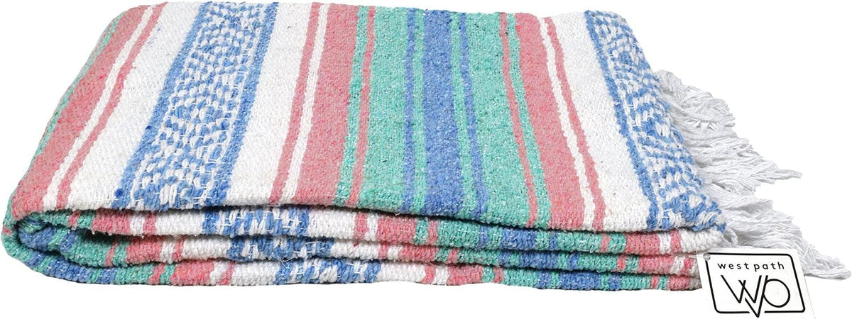 Open Road Goods Multi Color Mexican Falsa Blanket - Handwoven in Mexico - Great for The Beach, Picnics, Yoga, or a Throw! (Mint/Purple)