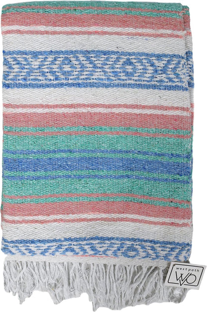 Open Road Goods Multi Color Mexican Falsa Blanket - Handwoven in Mexico - Great for The Beach, Picnics, Yoga, or a Throw! (Mint/Purple)