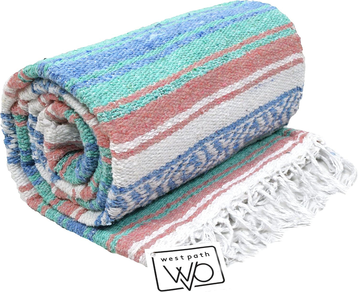Open Road Goods Multi Color Mexican Falsa Blanket - Handwoven in Mexico - Great for The Beach, Picnics, Yoga, or a Throw! (Mint/Purple)