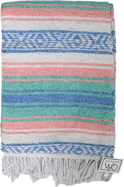 Open Road Goods Multi Color Mexican Falsa Blanket - Handwoven in Mexico - Great for The Beach, Picnics, Yoga, or a Throw! (Mint/Purple)