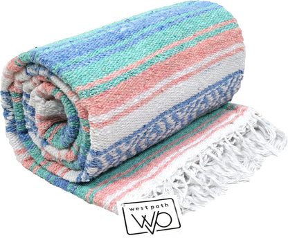 Open Road Goods Multi Color Mexican Falsa Blanket - Handwoven in Mexico - Great for The Beach, Picnics, Yoga, or a Throw! (Mint/Purple)