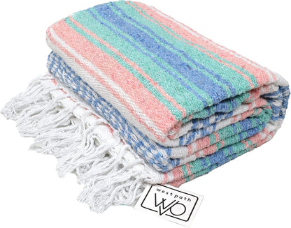 Open Road Goods Multi Color Mexican Falsa Blanket - Handwoven in Mexico - Great for The Beach, Picnics, Yoga, or a Throw! (Mint/Purple)