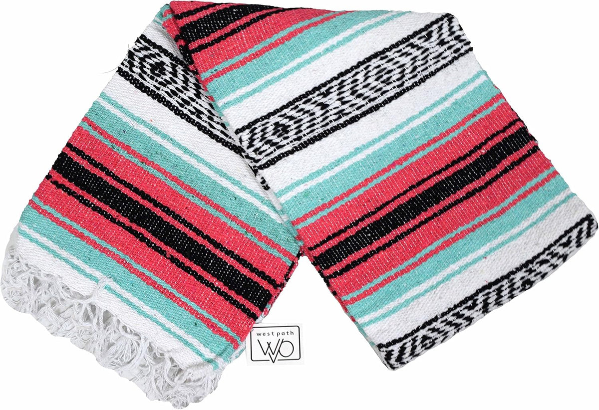 Open Road Goods Multi Color Mexican Falsa Blanket - Handwoven in Mexico - Great for The Beach, Picnics, Yoga, or a Throw! (Mint/Purple)