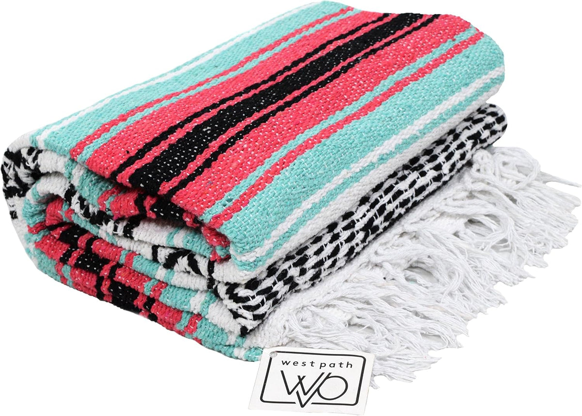 Open Road Goods Multi Color Mexican Falsa Blanket - Handwoven in Mexico - Great for The Beach, Picnics, Yoga, or a Throw! (Mint/Purple)