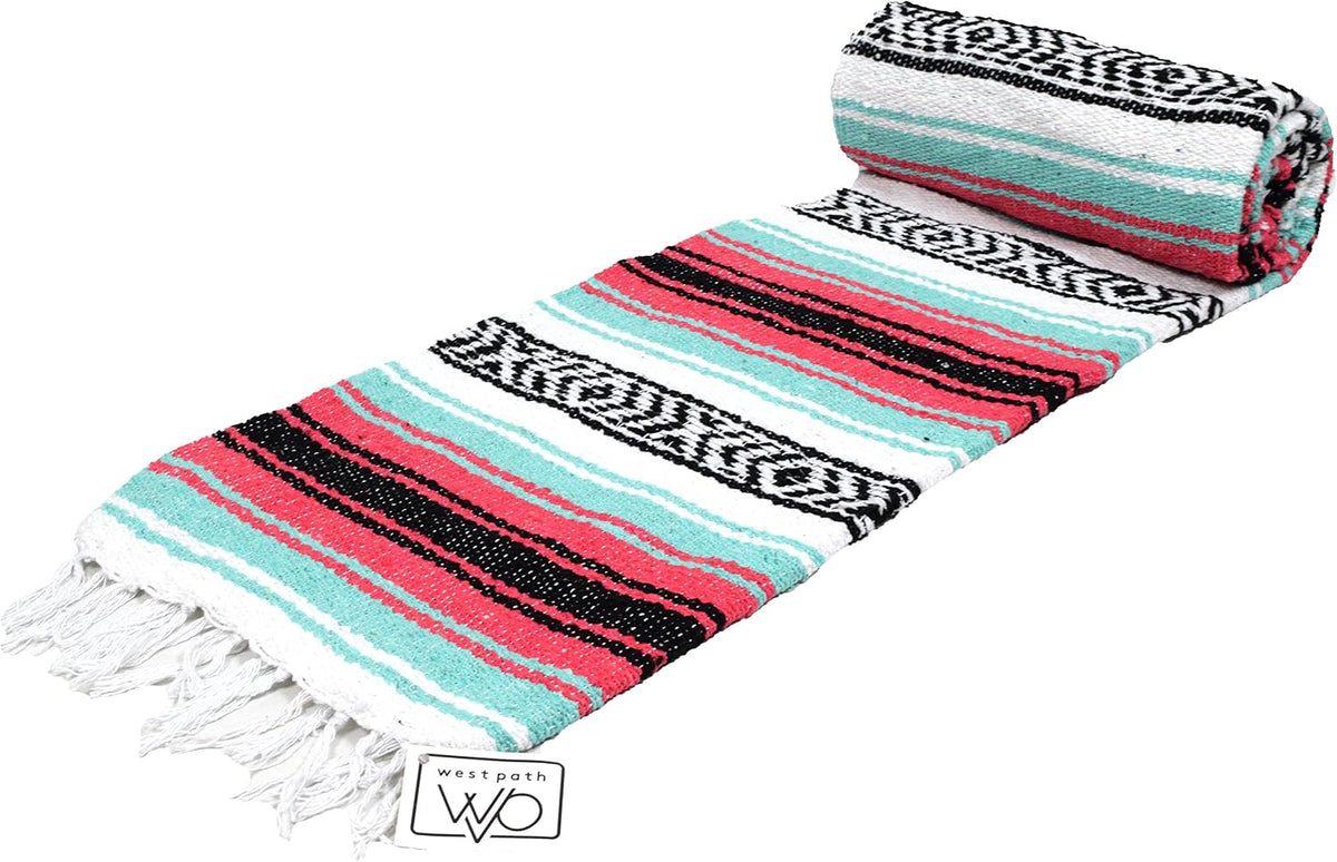 Open Road Goods Multi Color Mexican Falsa Blanket - Handwoven in Mexico - Great for The Beach, Picnics, Yoga, or a Throw! (Mint/Purple)