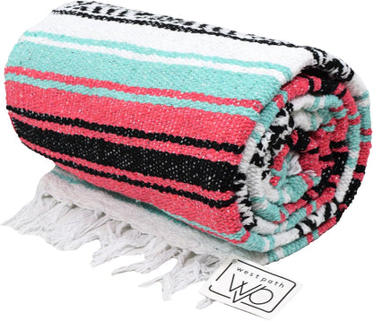 Open Road Goods Multi Color Mexican Falsa Blanket - Handwoven in Mexico - Great for The Beach, Picnics, Yoga, or a Throw! (Mint/Purple)