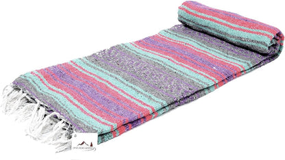 Open Road Goods Multi Color Mexican Falsa Blanket - Handwoven in Mexico - Great for The Beach, Picnics, Yoga, or a Throw! (Mint/Purple)