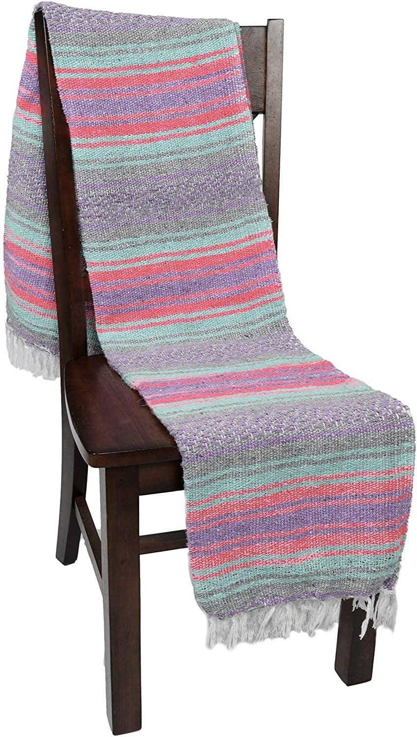 Open Road Goods Multi Color Mexican Falsa Blanket - Handwoven in Mexico - Great for The Beach, Picnics, Yoga, or a Throw! (Mint/Purple)