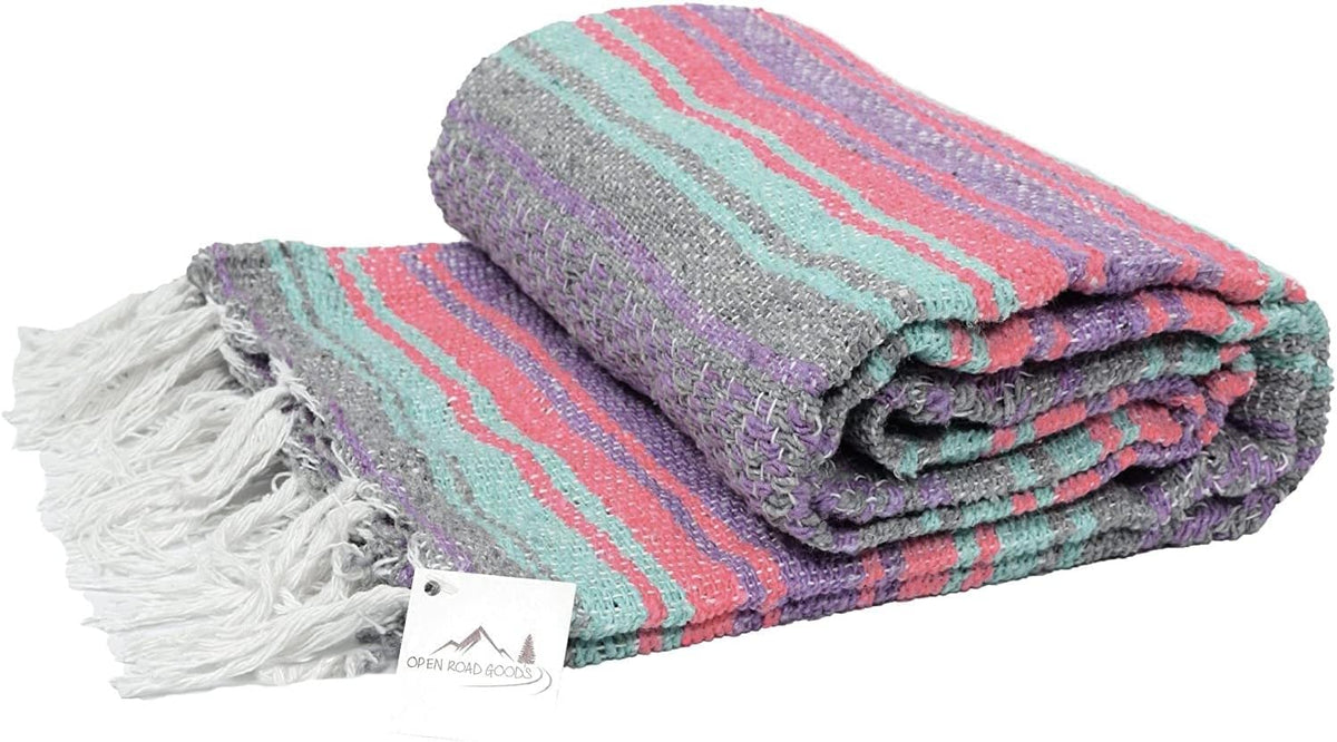 Open Road Goods Multi Color Mexican Falsa Blanket - Handwoven in Mexico - Great for The Beach, Picnics, Yoga, or a Throw! (Mint/Purple)