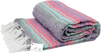 Open Road Goods Multi Color Mexican Falsa Blanket - Handwoven in Mexico - Great for The Beach, Picnics, Yoga, or a Throw! (Mint/Purple)