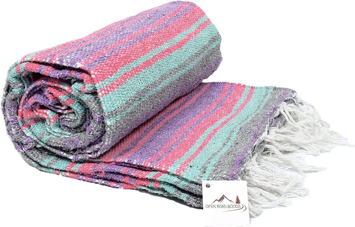 Open Road Goods Multi Color Mexican Falsa Blanket - Handwoven in Mexico - Great for The Beach, Picnics, Yoga, or a Throw! (Mint/Purple)