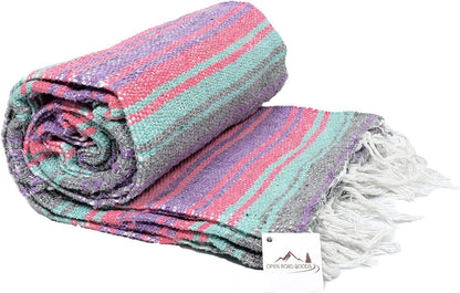 Open Road Goods Multi Color Mexican Falsa Blanket - Handwoven in Mexico - Great for The Beach, Picnics, Yoga, or a Throw! (Mint/Purple)