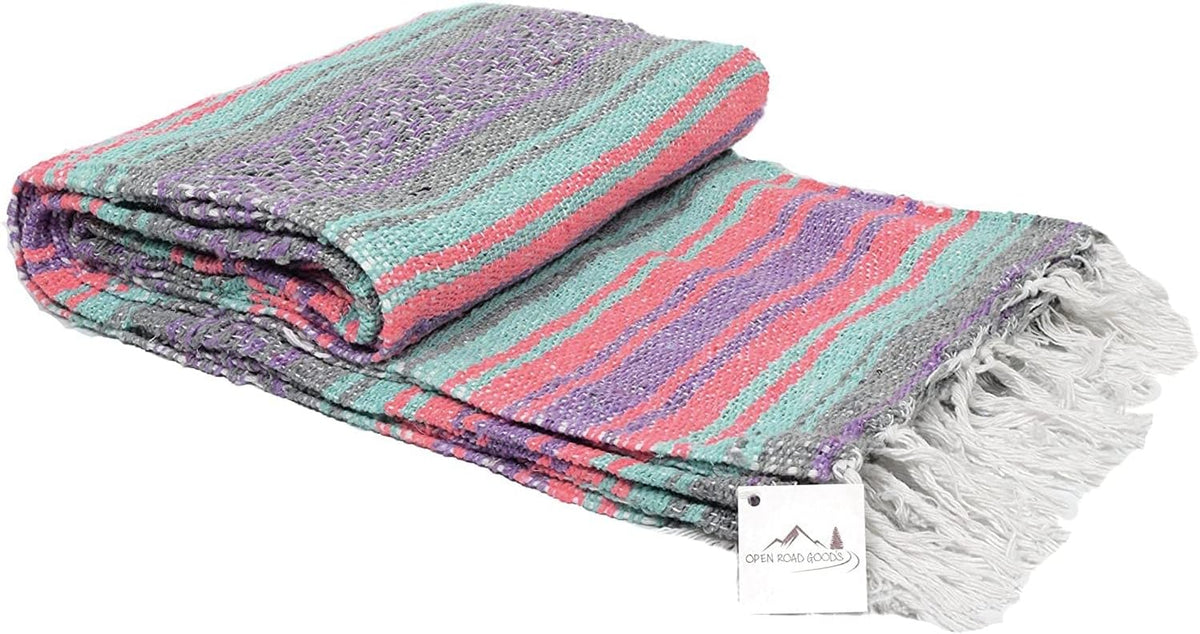 Open Road Goods Multi Color Mexican Falsa Blanket - Handwoven in Mexico - Great for The Beach, Picnics, Yoga, or a Throw! (Mint/Purple)