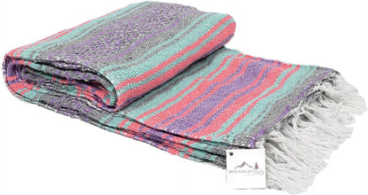 Open Road Goods Multi Color Mexican Falsa Blanket - Handwoven in Mexico - Great for The Beach, Picnics, Yoga, or a Throw! (Mint/Purple)