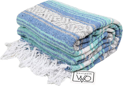 Open Road Goods Multi Color Mexican Falsa Blanket - Handwoven in Mexico - Great for The Beach, Picnics, Yoga, or a Throw! (Mint/Purple)