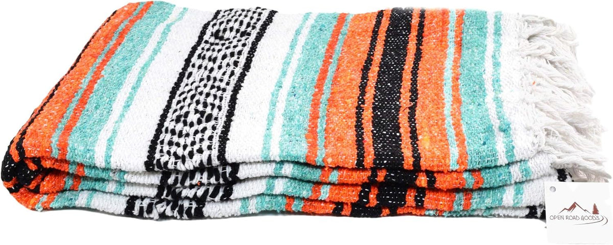 Open Road Goods Multi Color Mexican Falsa Blanket - Handwoven in Mexico - Great for The Beach, Picnics, Yoga, or a Throw! (Mint/Purple)