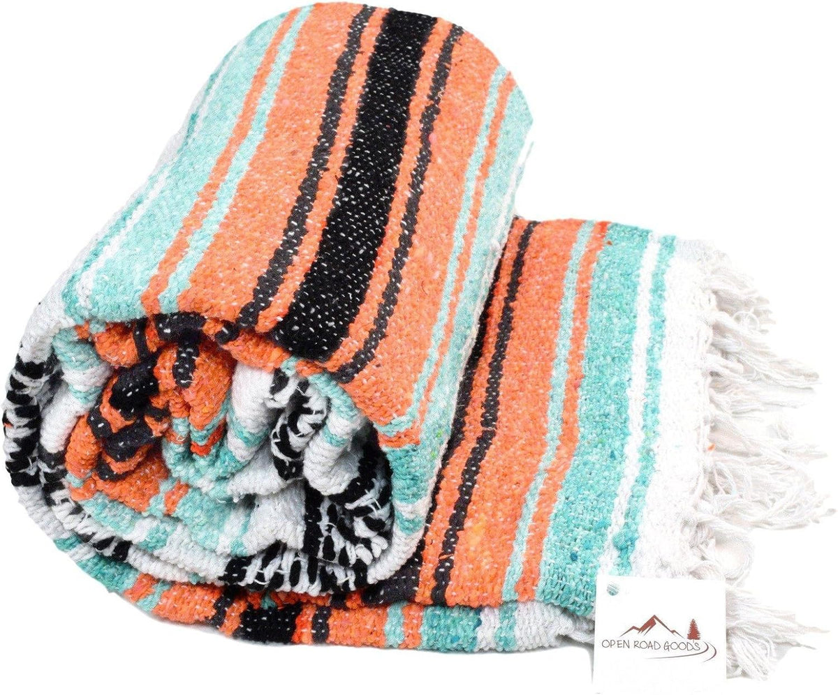 Open Road Goods Multi Color Mexican Falsa Blanket - Handwoven in Mexico - Great for The Beach, Picnics, Yoga, or a Throw! (Mint/Purple)