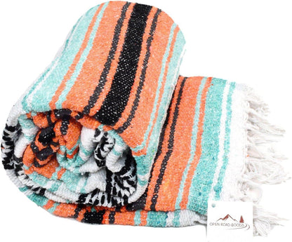 Open Road Goods Multi Color Mexican Falsa Blanket - Handwoven in Mexico - Great for The Beach, Picnics, Yoga, or a Throw! (Mint/Purple)