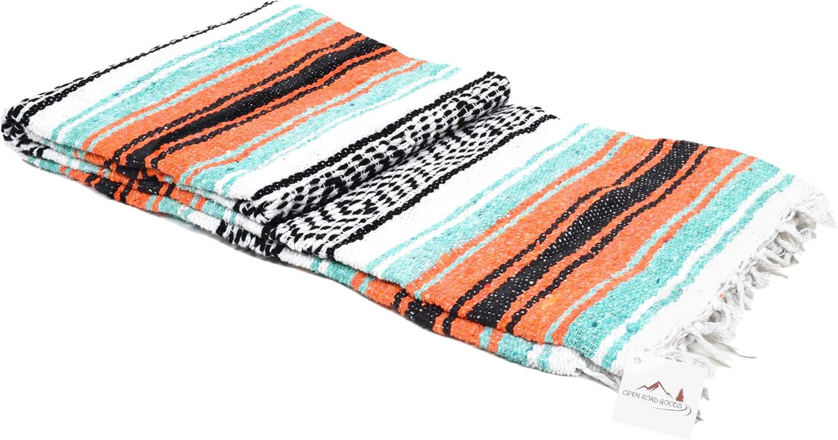 Open Road Goods Multi Color Mexican Falsa Blanket - Handwoven in Mexico - Great for The Beach, Picnics, Yoga, or a Throw! (Mint/Purple)