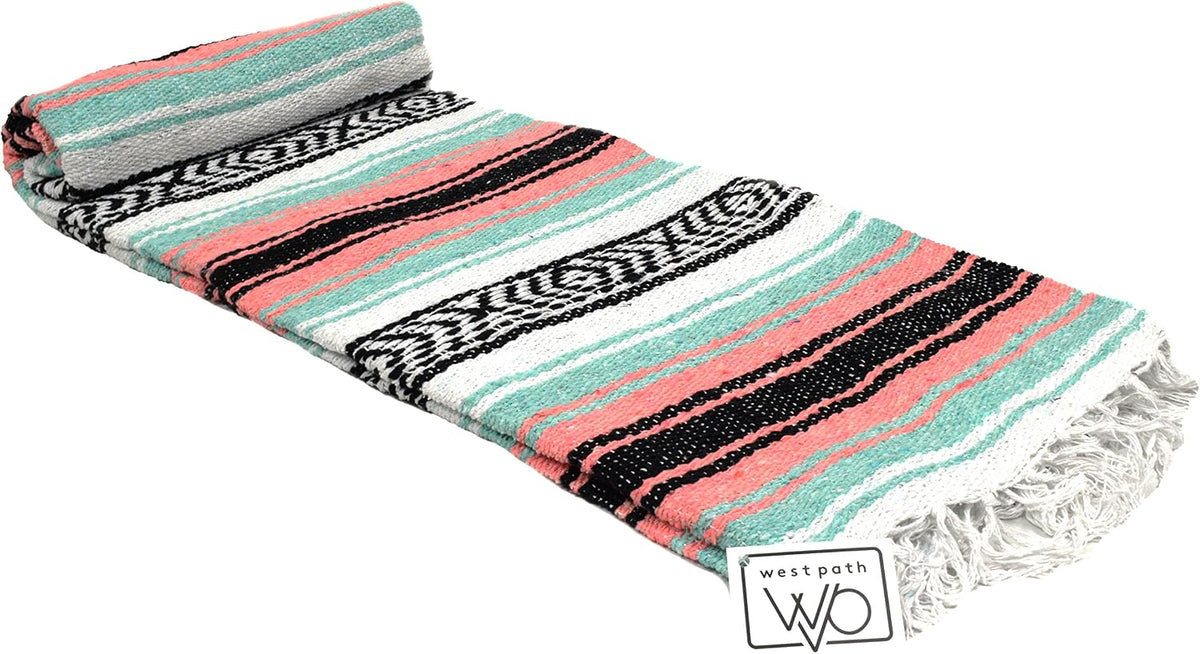 Open Road Goods Multi Color Mexican Falsa Blanket - Handwoven in Mexico - Great for The Beach, Picnics, Yoga, or a Throw! (Mint/Purple)
