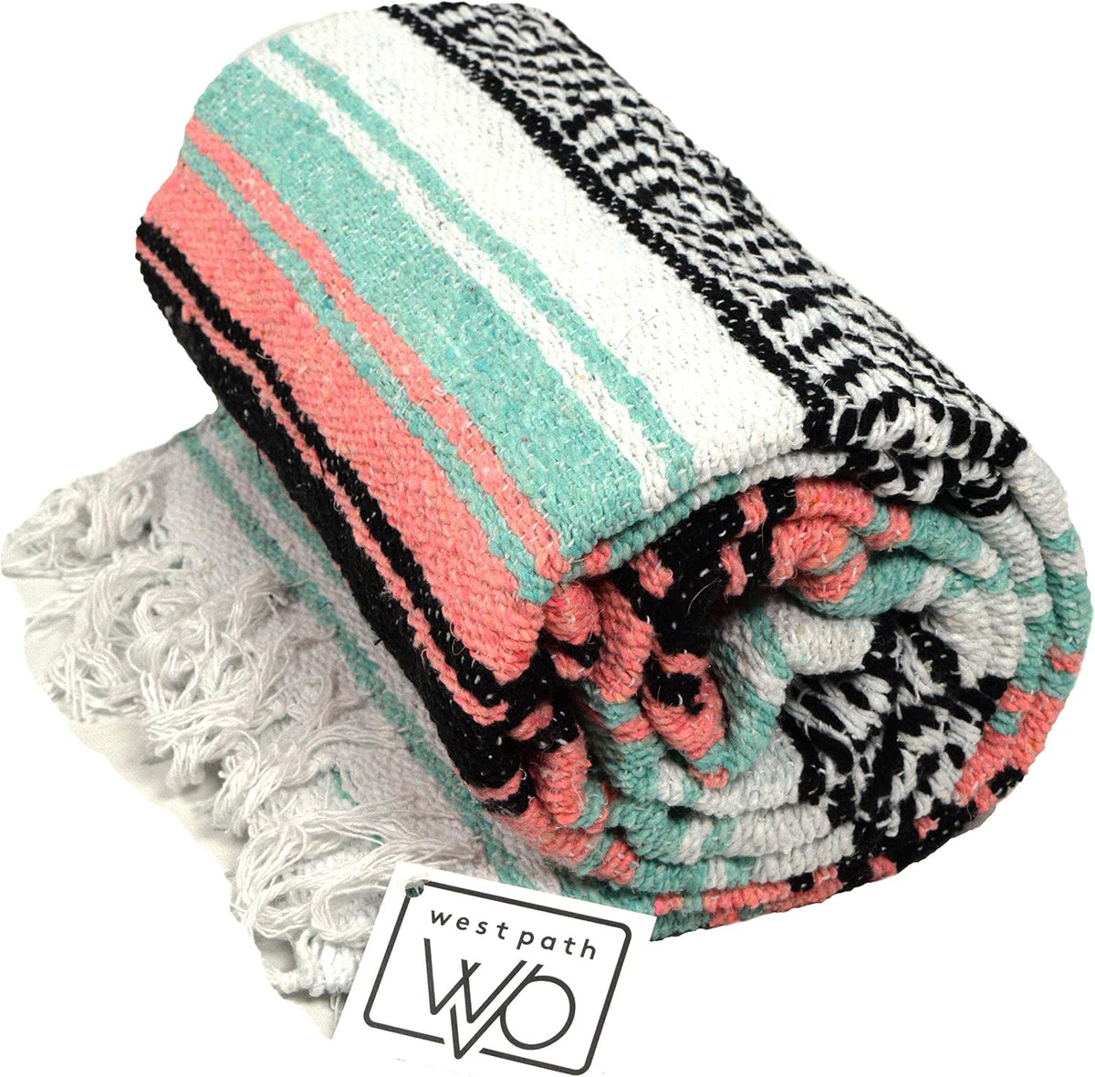 Open Road Goods Multi Color Mexican Falsa Blanket - Handwoven in Mexico - Great for The Beach, Picnics, Yoga, or a Throw! (Mint/Purple)