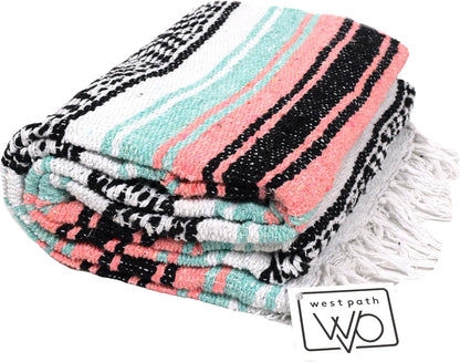 Open Road Goods Multi Color Mexican Falsa Blanket - Handwoven in Mexico - Great for The Beach, Picnics, Yoga, or a Throw! (Mint/Purple)