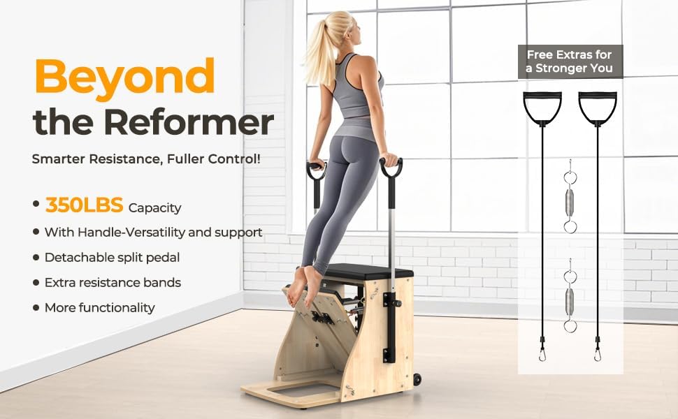 Pilates Chair with Handles, Upgrade Split Pedals & Resistance Bands - Professional Adjustable Fitness Chair for Home, Studio & Gym Use - Customizable Resistance Levels