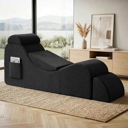 Yoga Chair Lounge for Adult, Ergonomic Foam Chaise Lounge Chair Indoor with Side Pocket, Headrest, Waist Pad, Ottoman, Perfect for Stretching, Massage, and Relaxation, No Assembly Required(Black)