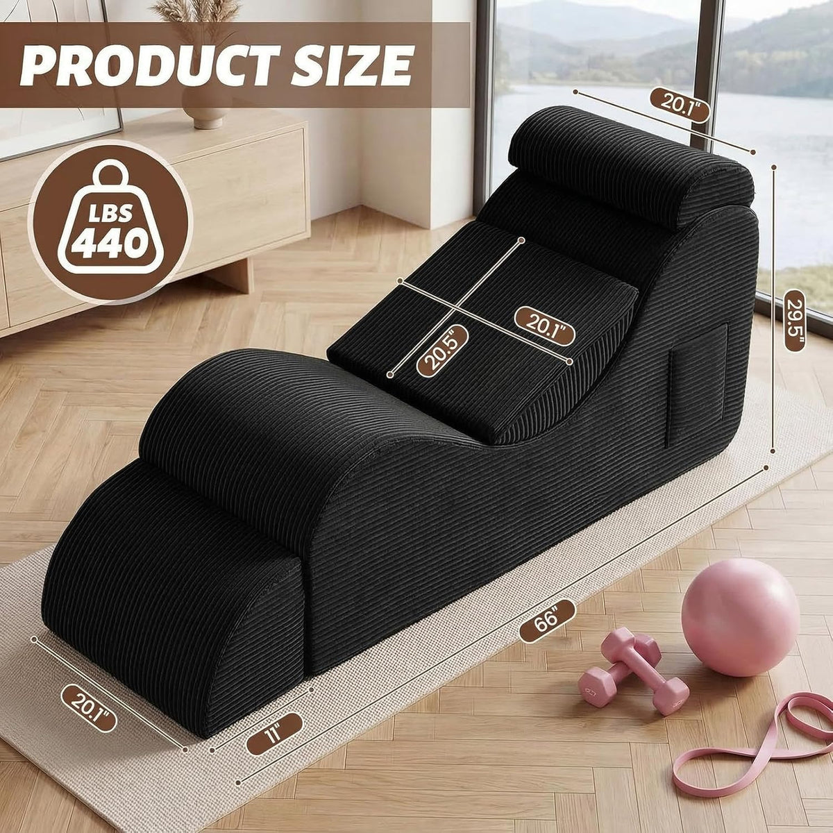 Yoga Chair Lounge for Adult, Ergonomic Foam Chaise Lounge Chair Indoor with Side Pocket, Headrest, Waist Pad, Ottoman, Perfect for Stretching, Massage, and Relaxation, No Assembly Required(Black)