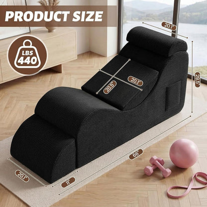 Yoga Chair Lounge for Adult, Ergonomic Foam Chaise Lounge Chair Indoor with Side Pocket, Headrest, Waist Pad, Ottoman, Perfect for Stretching, Massage, and Relaxation, No Assembly Required(Black)