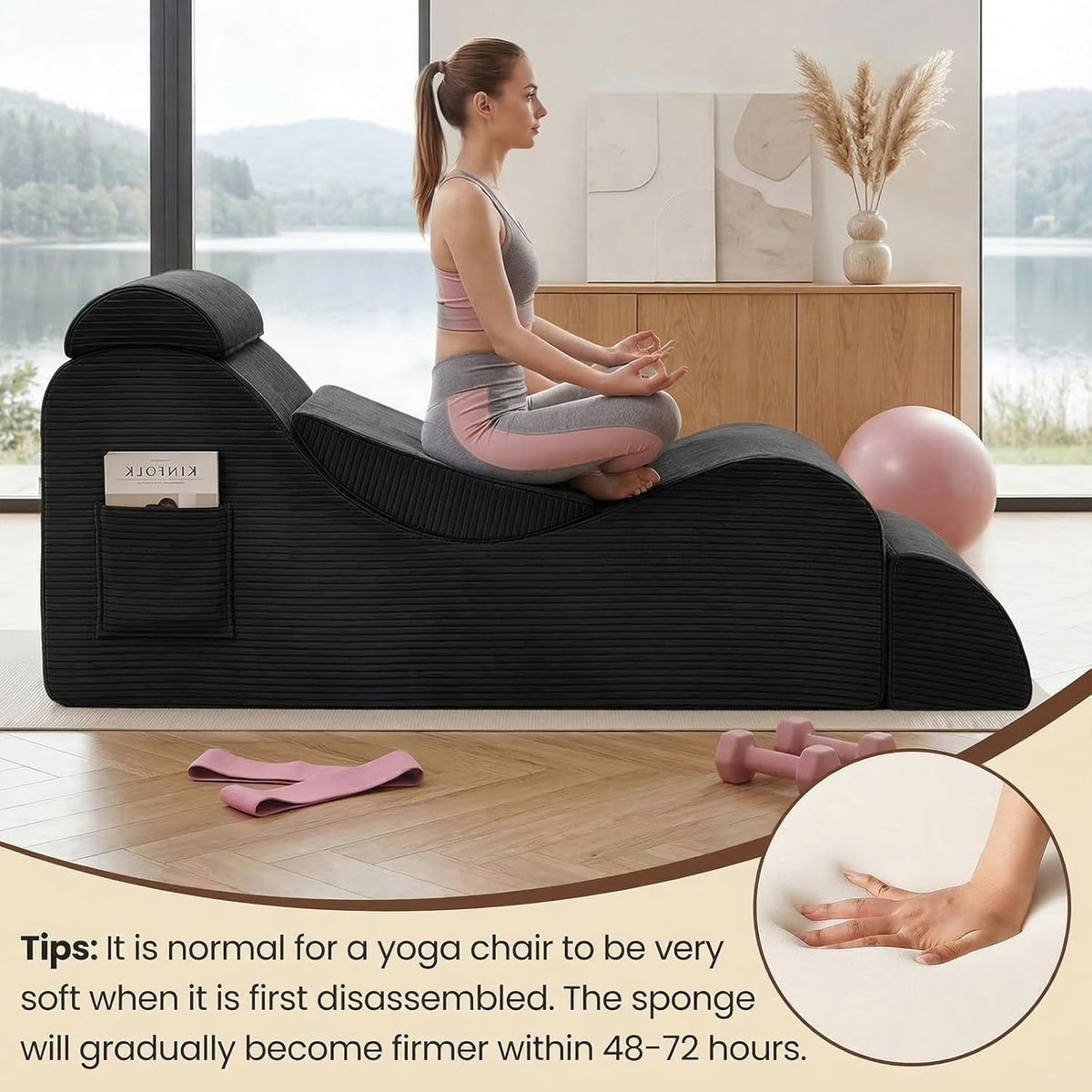 Yoga Chair Lounge for Adult, Ergonomic Foam Chaise Lounge Chair Indoor with Side Pocket, Headrest, Waist Pad, Ottoman, Perfect for Stretching, Massage, and Relaxation, No Assembly Required(Black)