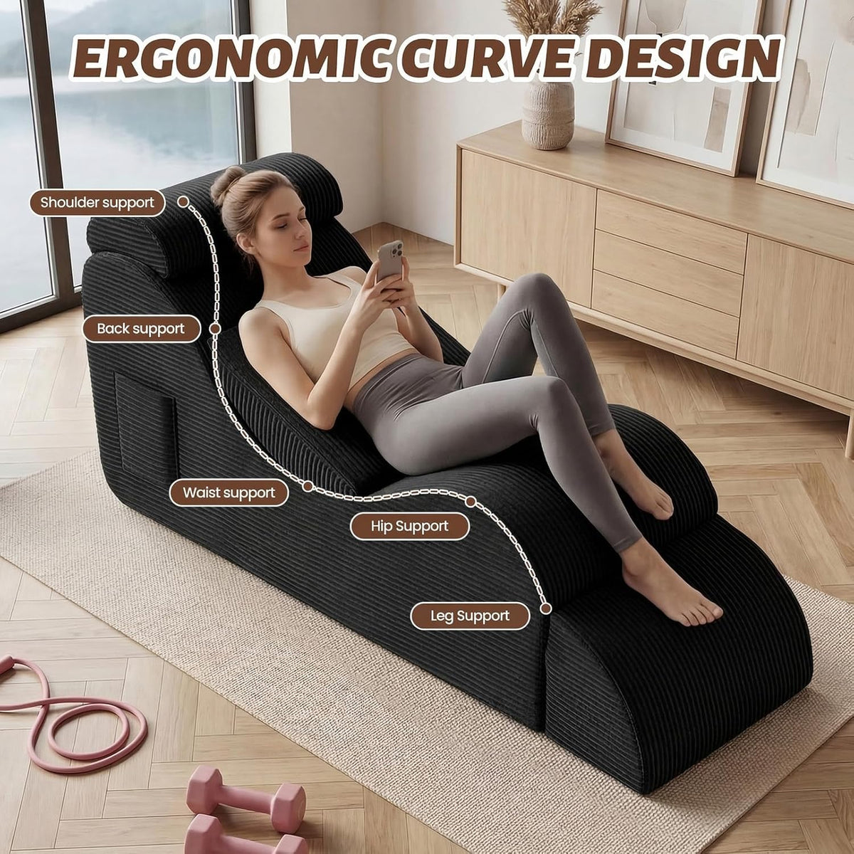 Yoga Chair Lounge for Adult, Ergonomic Foam Chaise Lounge Chair Indoor with Side Pocket, Headrest, Waist Pad, Ottoman, Perfect for Stretching, Massage, and Relaxation, No Assembly Required(Black)