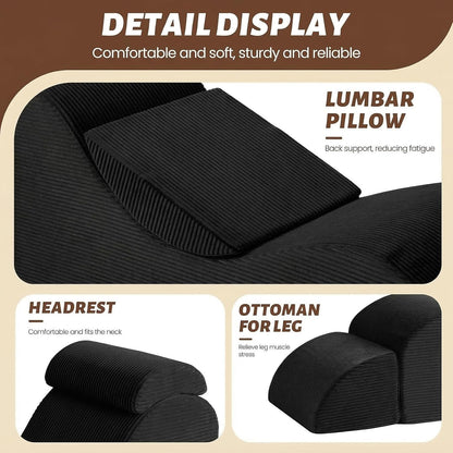 Yoga Chair Lounge for Adult, Ergonomic Foam Chaise Lounge Chair Indoor with Side Pocket, Headrest, Waist Pad, Ottoman, Perfect for Stretching, Massage, and Relaxation, No Assembly Required(Black)