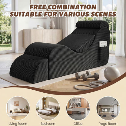 Yoga Chair Lounge for Adult, Ergonomic Foam Chaise Lounge Chair Indoor with Side Pocket, Headrest, Waist Pad, Ottoman, Perfect for Stretching, Massage, and Relaxation, No Assembly Required(Black)