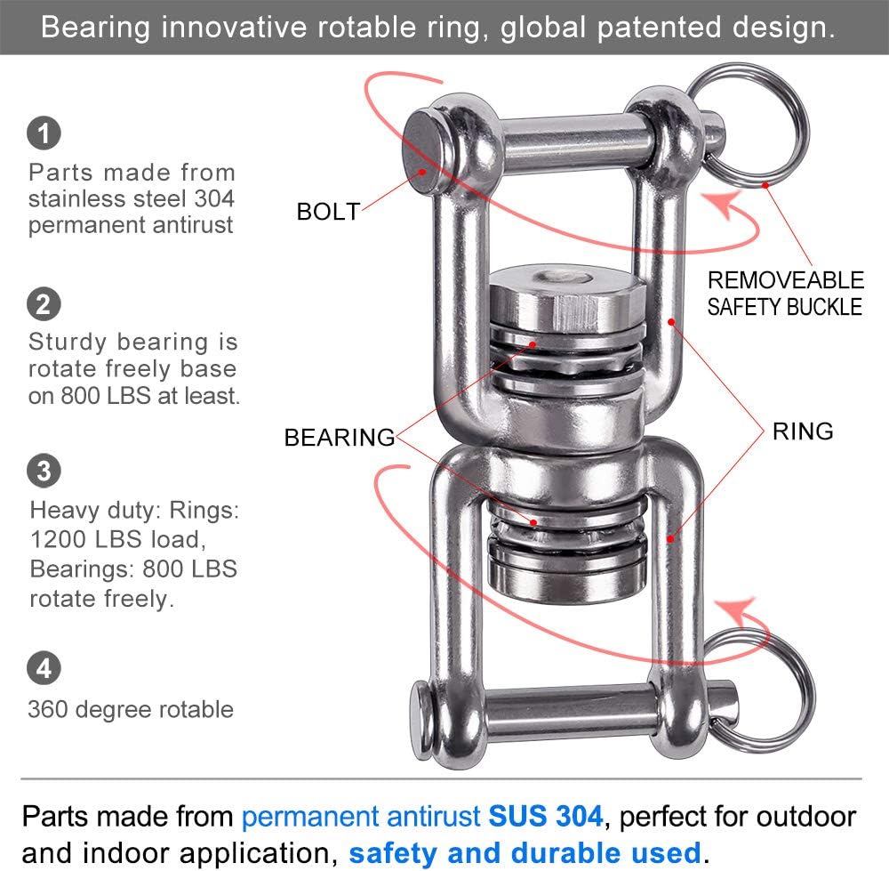 Dual Hanging Rings Hammock Swing Hanger, Swivel Stainless Steel Mounting Bearing Set D Shape Open Loop for Indoor Outdoor Playground Chair Yoga Rope Punching Bag Sandbag