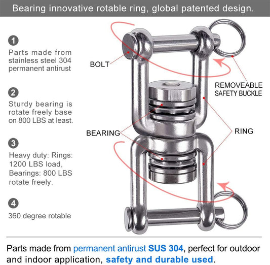 Dual Hanging Rings Hammock Swing Hanger, Swivel Stainless Steel Mounting Bearing Set D Shape Open Loop for Indoor Outdoor Playground Chair Yoga Rope Punching Bag Sandbag
