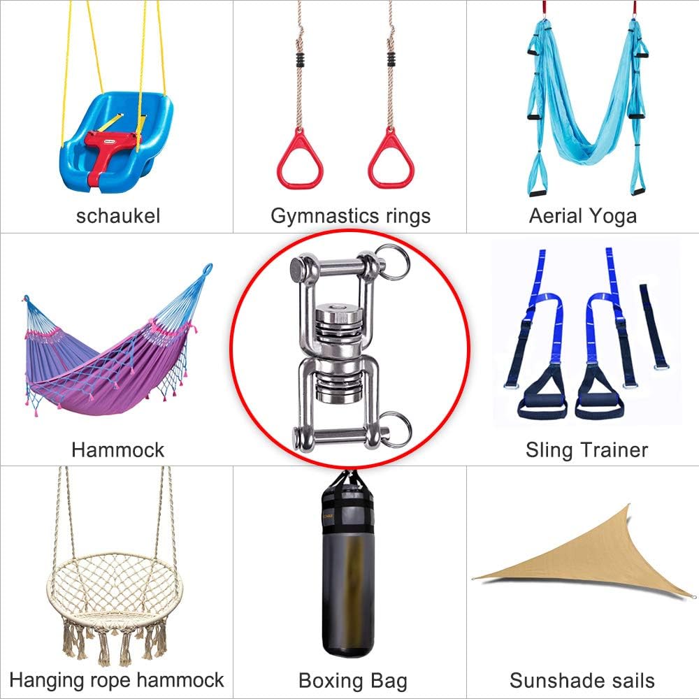 Dual Hanging Rings Hammock Swing Hanger, Swivel Stainless Steel Mounting Bearing Set D Shape Open Loop for Indoor Outdoor Playground Chair Yoga Rope Punching Bag Sandbag