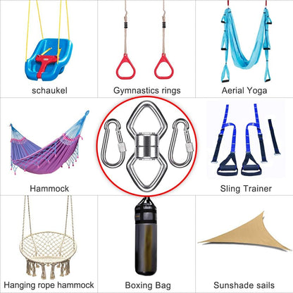 Dual Hanging Rings Hammock Swing Hanger, Swivel Stainless Steel Mounting Bearing Set D Shape Open Loop for Indoor Outdoor Playground Chair Yoga Rope Punching Bag Sandbag
