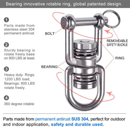 Dual Hanging Rings Hammock Swing Hanger, Swivel Stainless Steel Mounting Bearing Set D Shape Open Loop for Indoor Outdoor Playground Chair Yoga Rope Punching Bag Sandbag
