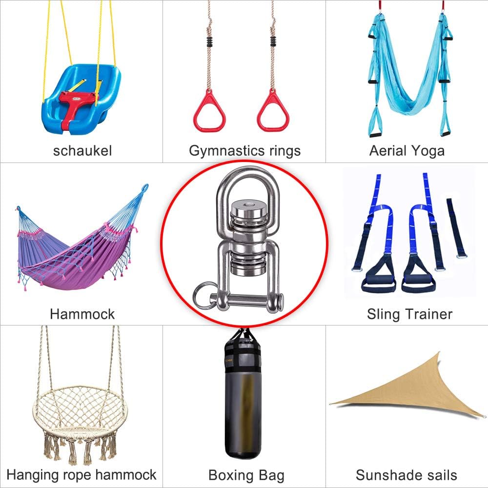 Dual Hanging Rings Hammock Swing Hanger, Swivel Stainless Steel Mounting Bearing Set D Shape Open Loop for Indoor Outdoor Playground Chair Yoga Rope Punching Bag Sandbag