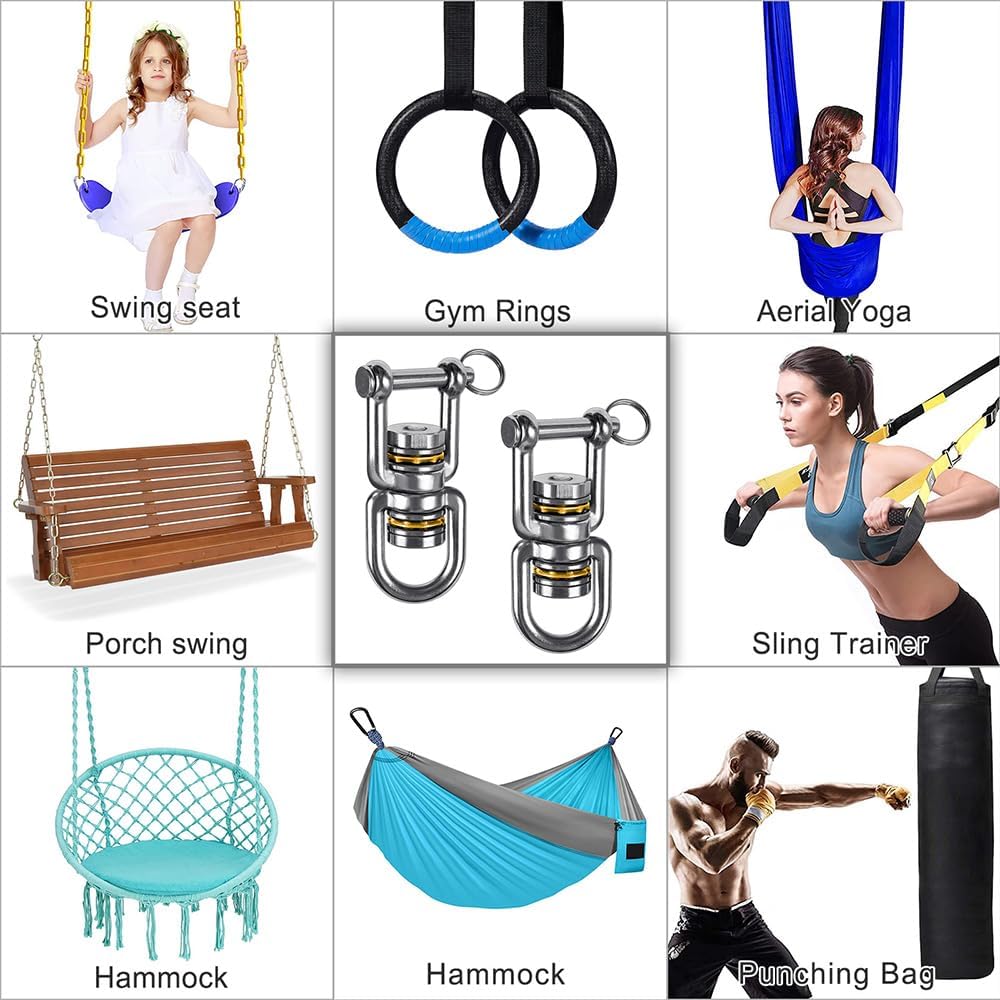 Dual Hanging Rings Hammock Swing Hanger, Swivel Stainless Steel Mounting Bearing Set D Shape Open Loop for Indoor Outdoor Playground Chair Yoga Rope Punching Bag Sandbag