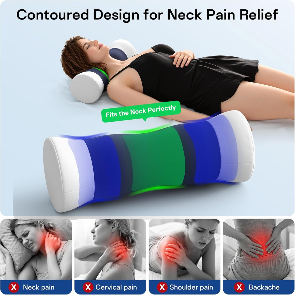 Neck Roll Pillow - Cooling Cover Round Neck Pillow for Sleeping - Memory Foam Cervical Support Pillow - Ergonomic Cylinder Pillows for Neck, Leg, Back, Yoga, Relaxing (Blue White)