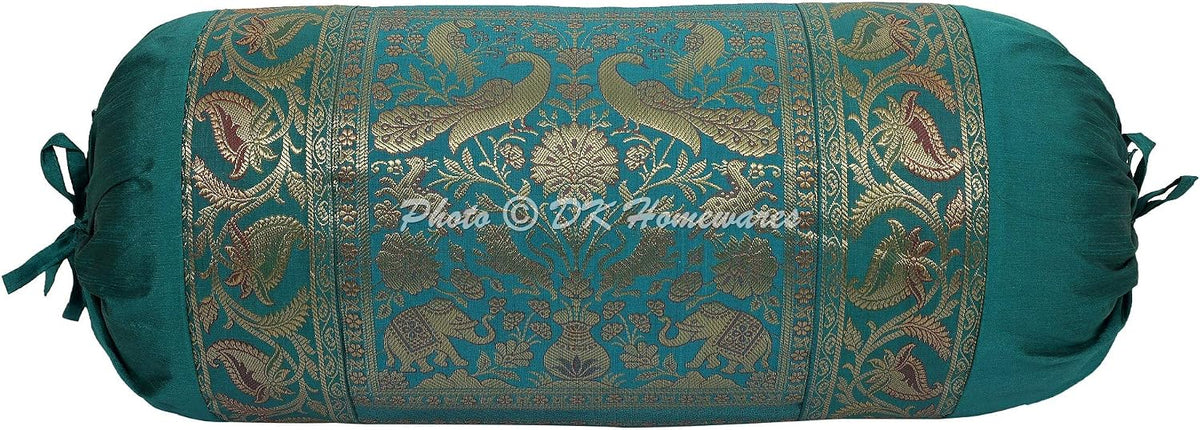 Indian Jacquard Brocade Silk Bolster Yoga Rectangular Pillowcase Cover Cylindrical Hotdog Dark Green Tubular Masand Living Room Elephant Indian Throw Cushion Cover 76x38 cm - 1 Pc