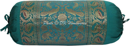 Indian Jacquard Brocade Silk Bolster Yoga Rectangular Pillowcase Cover Cylindrical Hotdog Dark Green Tubular Masand Living Room Elephant Indian Throw Cushion Cover 76x38 cm - 1 Pc