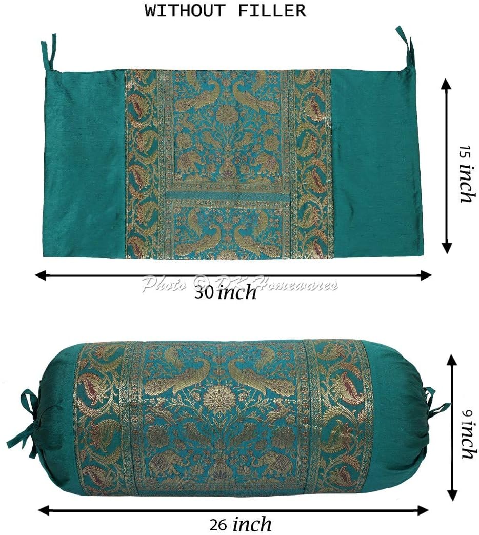 Indian Jacquard Brocade Silk Bolster Yoga Rectangular Pillowcase Cover Cylindrical Hotdog Dark Green Tubular Masand Living Room Elephant Indian Throw Cushion Cover 76x38 cm - 1 Pc
