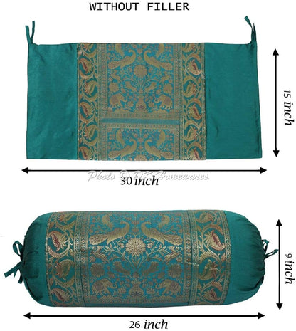 Indian Jacquard Brocade Silk Bolster Yoga Rectangular Pillowcase Cover Cylindrical Hotdog Dark Green Tubular Masand Living Room Elephant Indian Throw Cushion Cover 76x38 cm - 1 Pc