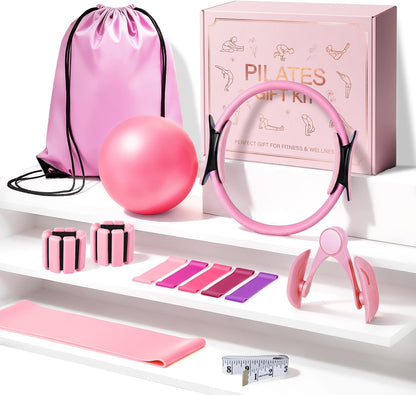 All-in-One Home Workout Kit for Women–Pilates Kit with Ankle Weights, Magic Circle 12 inch, Resistance Bands, Mini Pilates Ball, Carry Bag – Beginner Pilates Gift Set for Mother's Day, Birthday