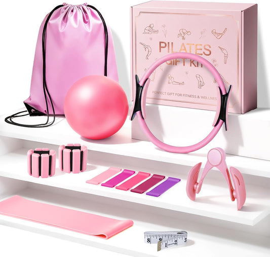 All-in-One Home Workout Kit for Women–Pilates Kit with Ankle Weights, Magic Circle 12 inch, Resistance Bands, Mini Pilates Ball, Carry Bag – Beginner Pilates Gift Set for Mother's Day, Birthday